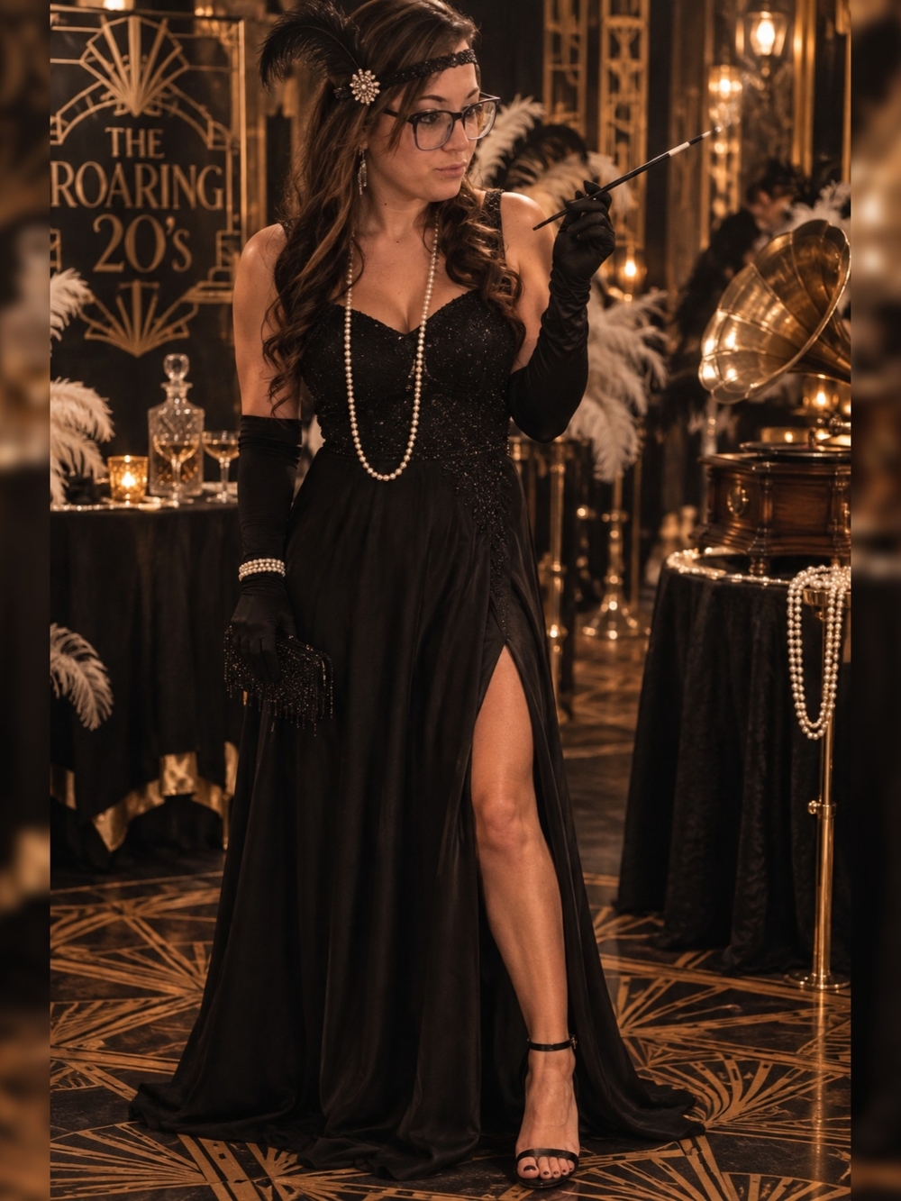 Black Sparkling Sweetheart Prom Gown with High Slit